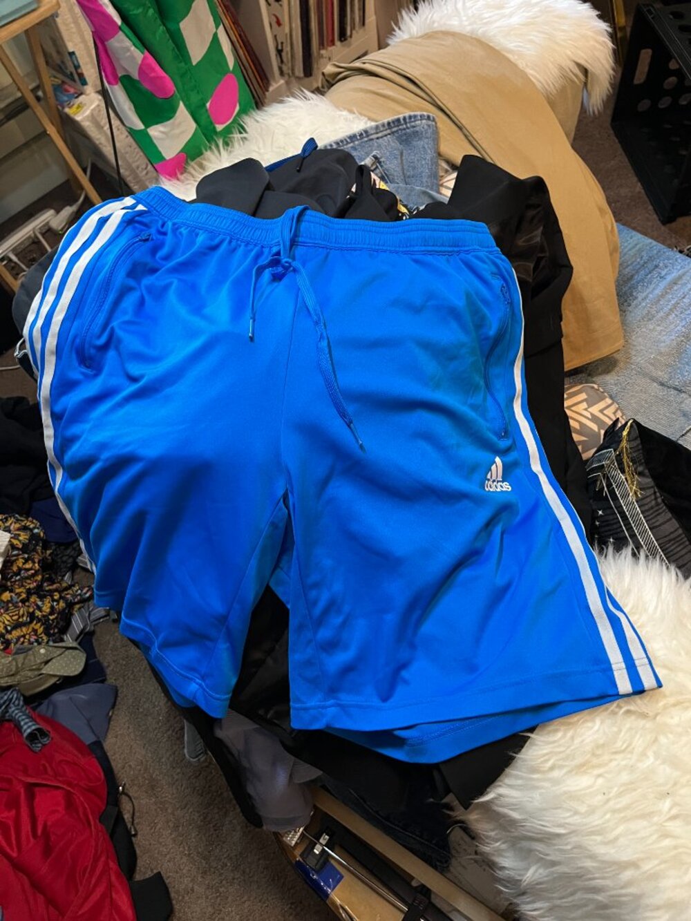 Adidas Climalite Blue Athletic Shorts XXL Zip Pocket 3 Stripe Training Gym